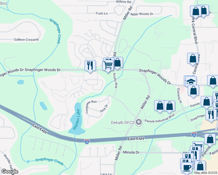 map of restaurants, bars, coffee shops, grocery stores, and more near 2620 Shellbark Road in Decatur