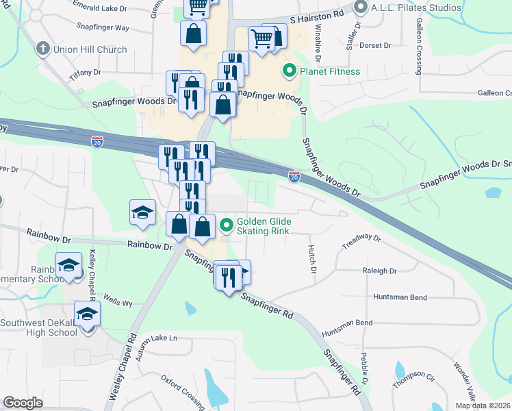 map of restaurants, bars, coffee shops, grocery stores, and more near 2629 Pleasant Wood Drive in Decatur