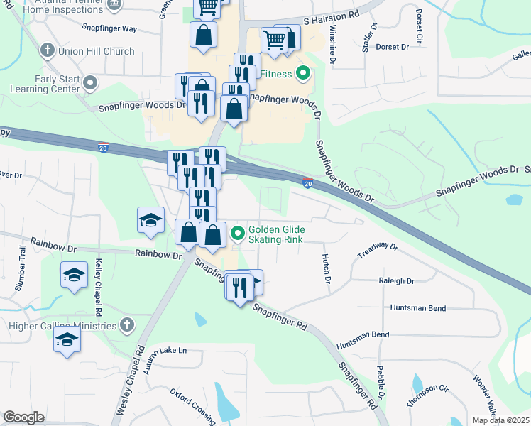map of restaurants, bars, coffee shops, grocery stores, and more near 2629 Pleasant Wood Drive in Decatur