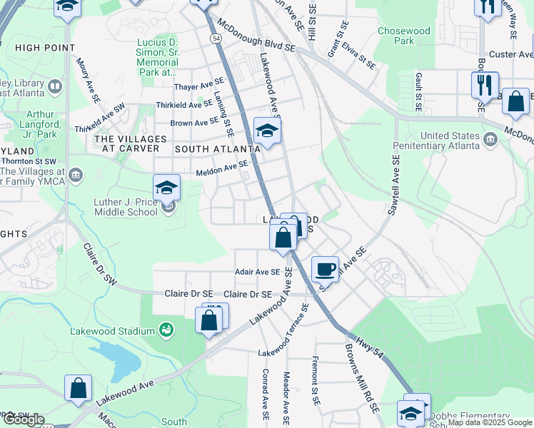 map of restaurants, bars, coffee shops, grocery stores, and more near 1591 Jonesboro Road Southeast in Atlanta