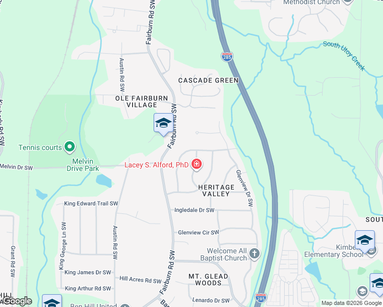 map of restaurants, bars, coffee shops, grocery stores, and more near 3499 Rolling Green Ridge Southwest in Atlanta