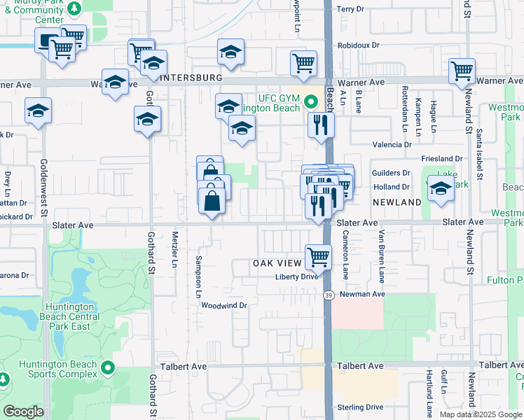 map of restaurants, bars, coffee shops, grocery stores, and more near 17411 Koledo Lane in Huntington Beach