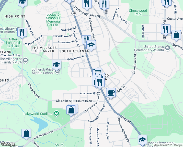 map of restaurants, bars, coffee shops, grocery stores, and more near 1591 Jonesboro Road Southeast in Atlanta