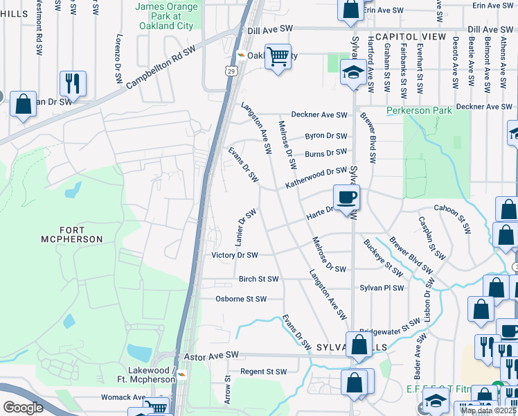 map of restaurants, bars, coffee shops, grocery stores, and more near 1125 Lanier Drive Southwest in Atlanta