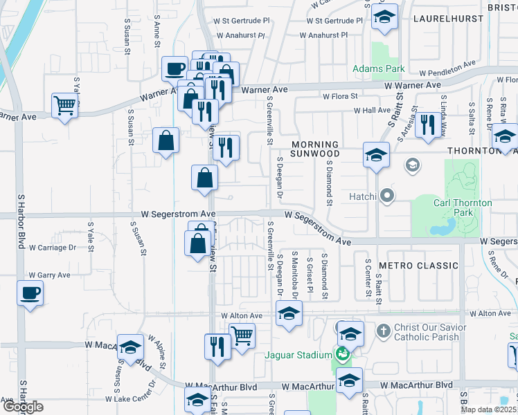 map of restaurants, bars, coffee shops, grocery stores, and more near 2875 South Fairview Street in Santa Ana