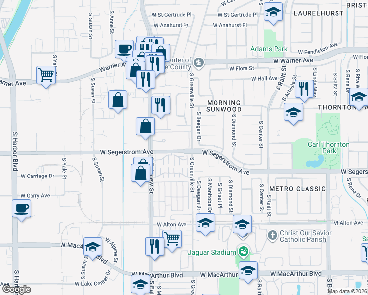 map of restaurants, bars, coffee shops, grocery stores, and more near 2875 South Fairview Street in Santa Ana