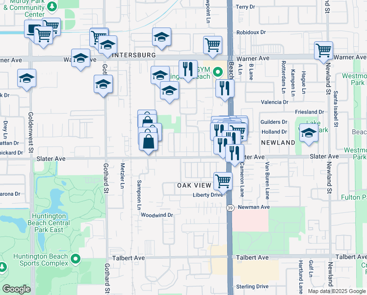 map of restaurants, bars, coffee shops, grocery stores, and more near 17431 Koledo Lane in Huntington Beach