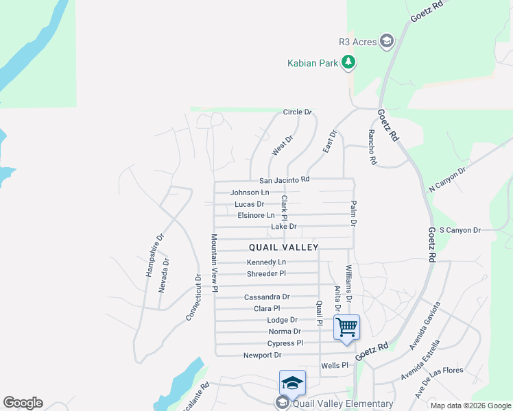 map of restaurants, bars, coffee shops, grocery stores, and more near 23681 Johnson Lane in Menifee