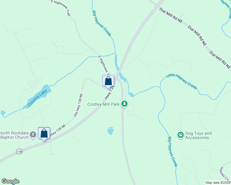 map of restaurants, bars, coffee shops, grocery stores, and more near 2455 Costley Mill Road Northeast in Conyers