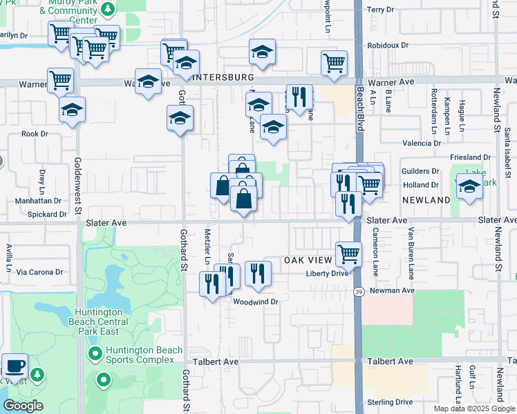 map of restaurants, bars, coffee shops, grocery stores, and more near 17441 Dairyview Circle in Huntington Beach