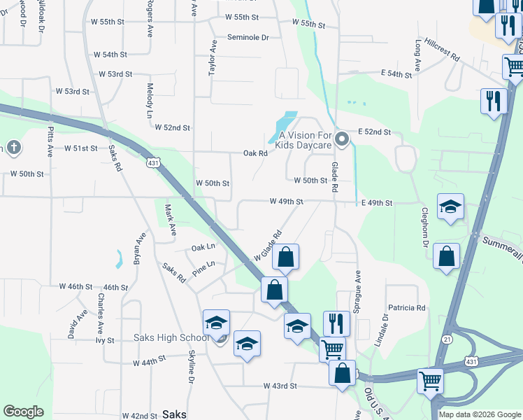 map of restaurants, bars, coffee shops, grocery stores, and more near 112 West 49th Street in Anniston