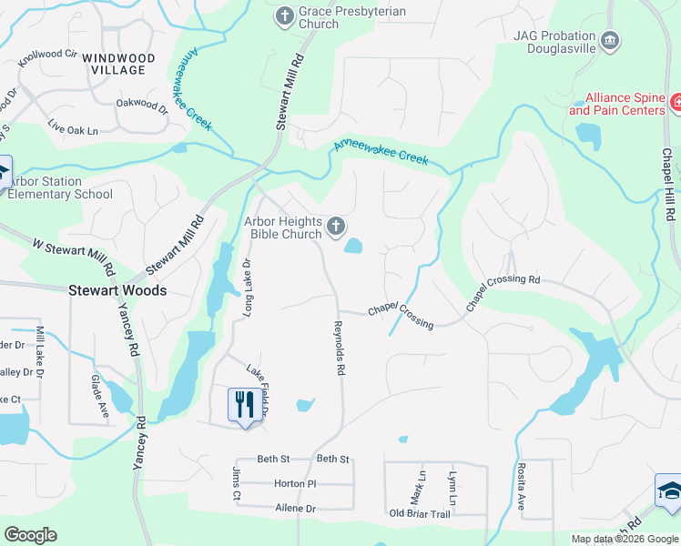 map of restaurants, bars, coffee shops, grocery stores, and more near 3542 Reynolds Road in Douglasville