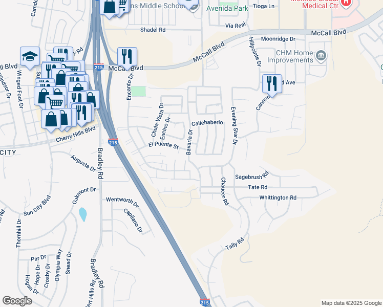 map of restaurants, bars, coffee shops, grocery stores, and more near 28351 Avenue Francesca in Romoland