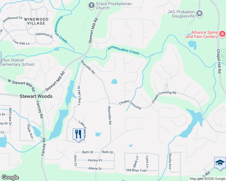 map of restaurants, bars, coffee shops, grocery stores, and more near 3542 Reynolds Road in Douglasville