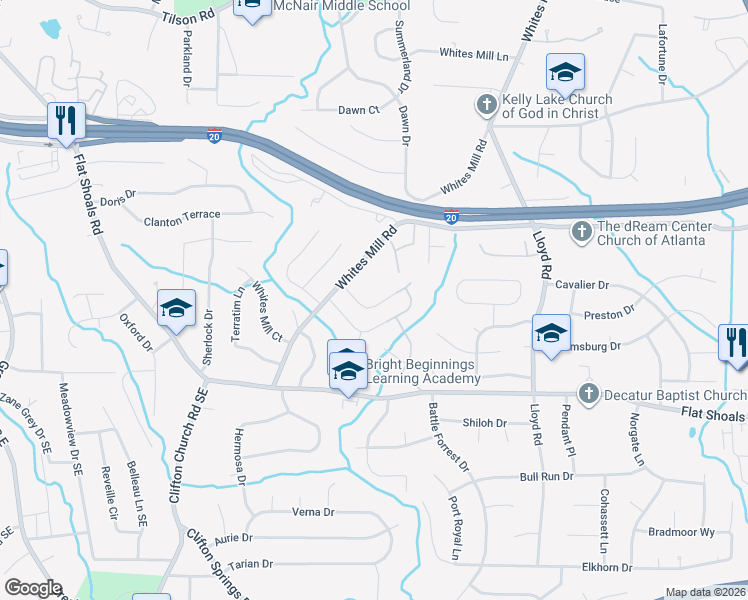 map of restaurants, bars, coffee shops, grocery stores, and more near 2406 Whites Ridge in Decatur