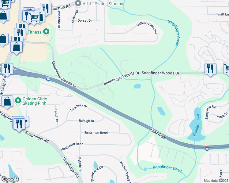 map of restaurants, bars, coffee shops, grocery stores, and more near 4581 Snapfinger Woods Drive in Decatur