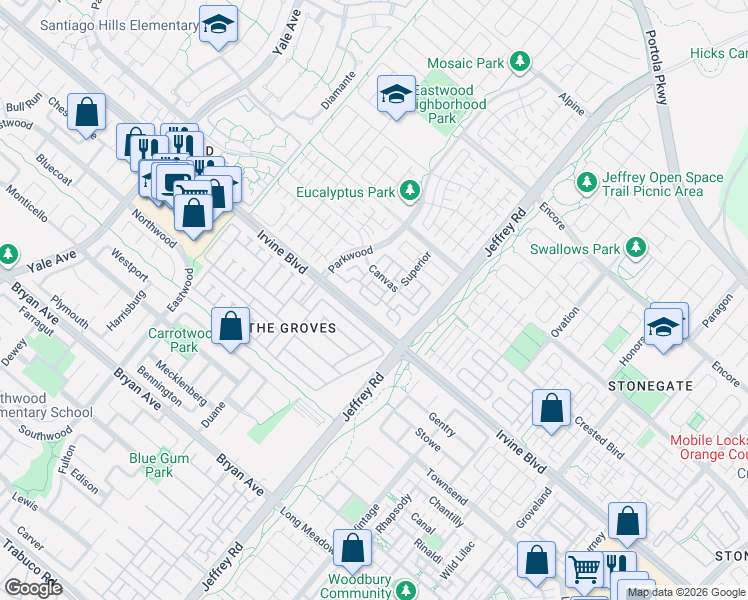 map of restaurants, bars, coffee shops, grocery stores, and more near 158 Bishop Landing in Irvine