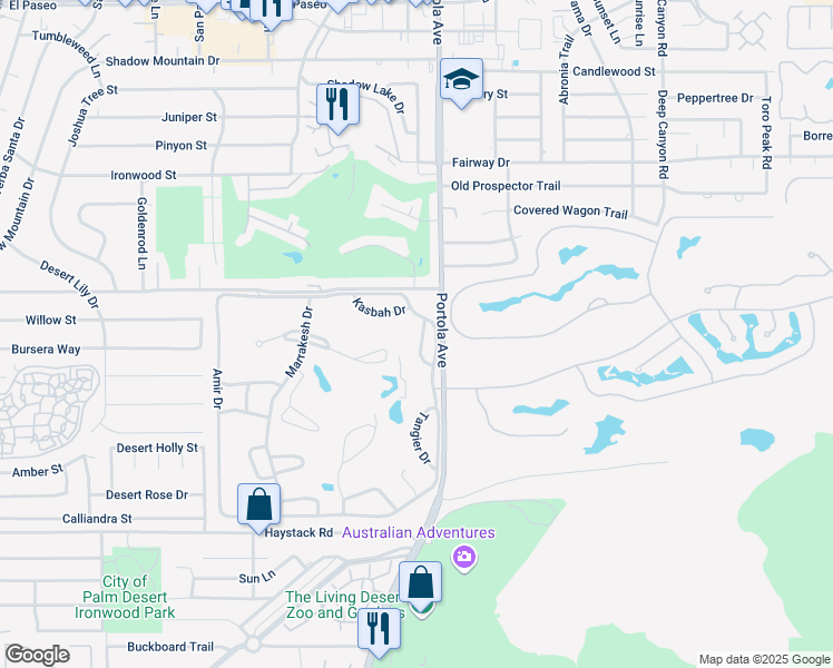 map of restaurants, bars, coffee shops, grocery stores, and more near 47041 Arcadia Lane in Palm Desert