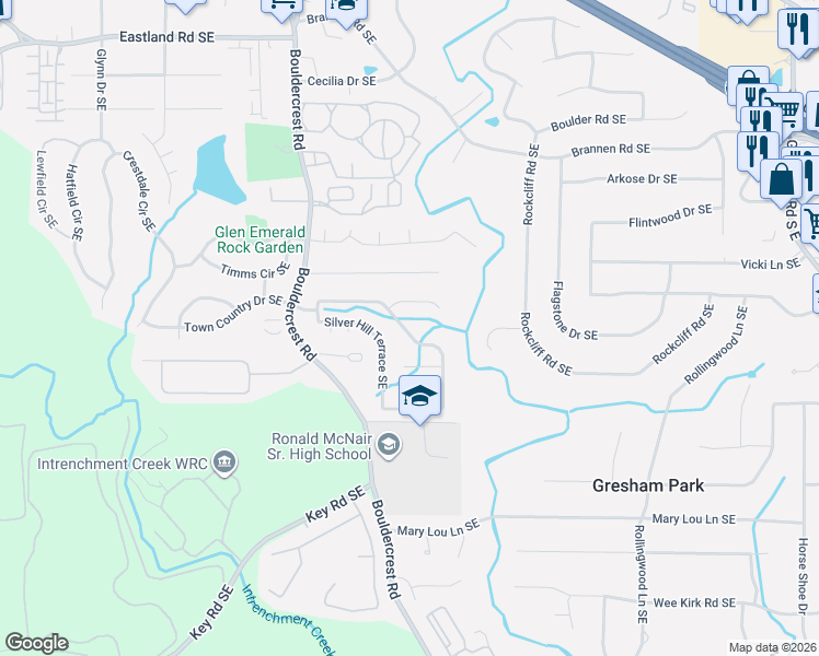 map of restaurants, bars, coffee shops, grocery stores, and more near 2798 Silver Hill Terrace Southeast in Atlanta