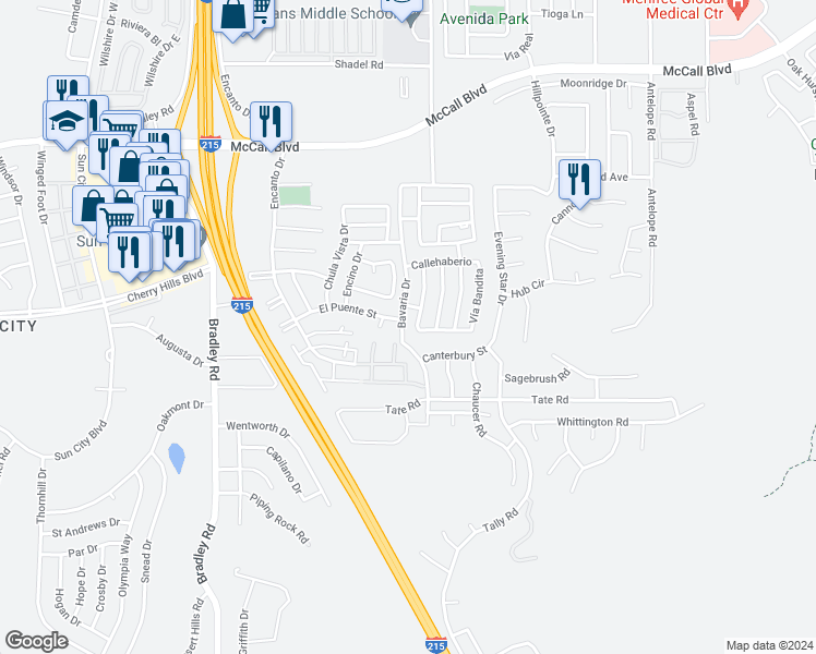 map of restaurants, bars, coffee shops, grocery stores, and more near 28351 Avenue Francesca in Romoland
