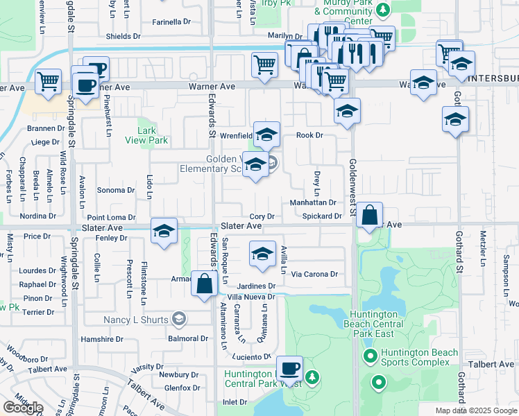map of restaurants, bars, coffee shops, grocery stores, and more near 17422 Jepsen Circle in Huntington Beach