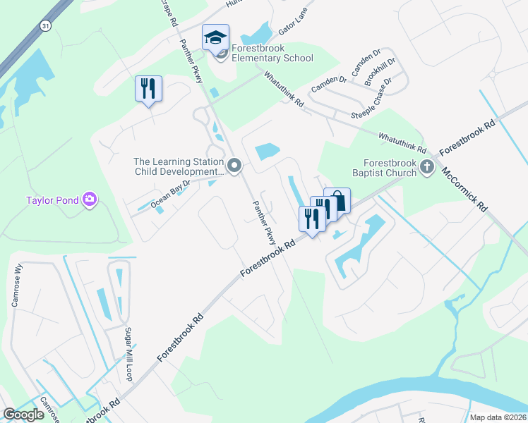 map of restaurants, bars, coffee shops, grocery stores, and more near 128 Marsh Rabbit Drive in Myrtle Beach