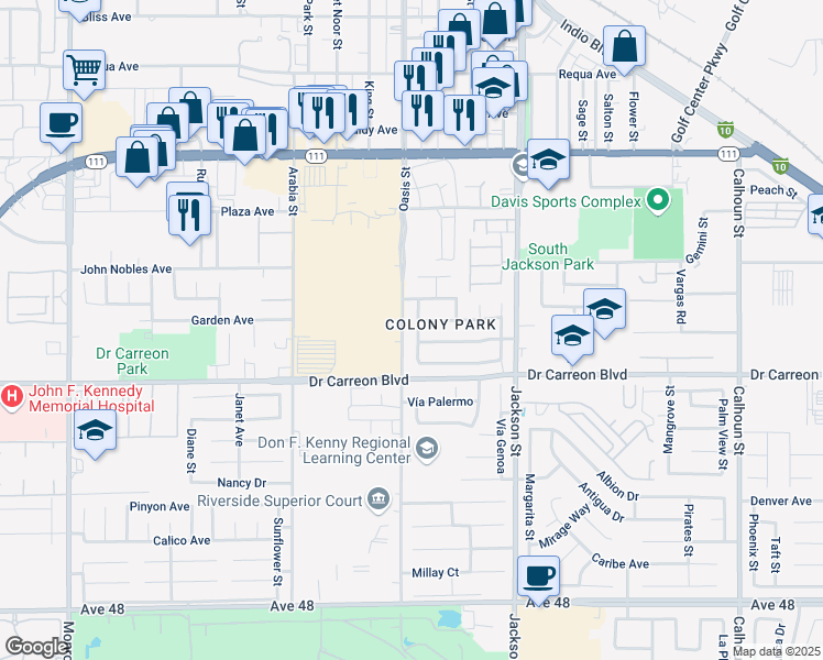 map of restaurants, bars, coffee shops, grocery stores, and more near 82762 Charlestown Avenue in Indio