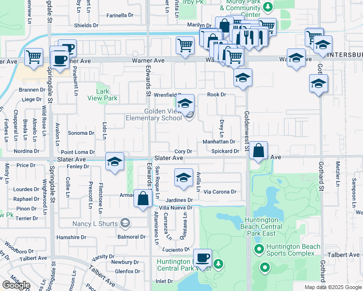 map of restaurants, bars, coffee shops, grocery stores, and more near 17422 Jepsen Circle in Huntington Beach