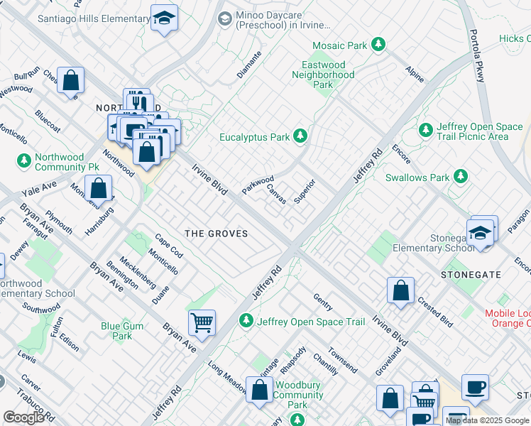 map of restaurants, bars, coffee shops, grocery stores, and more near 186 Bishop Landing in Irvine