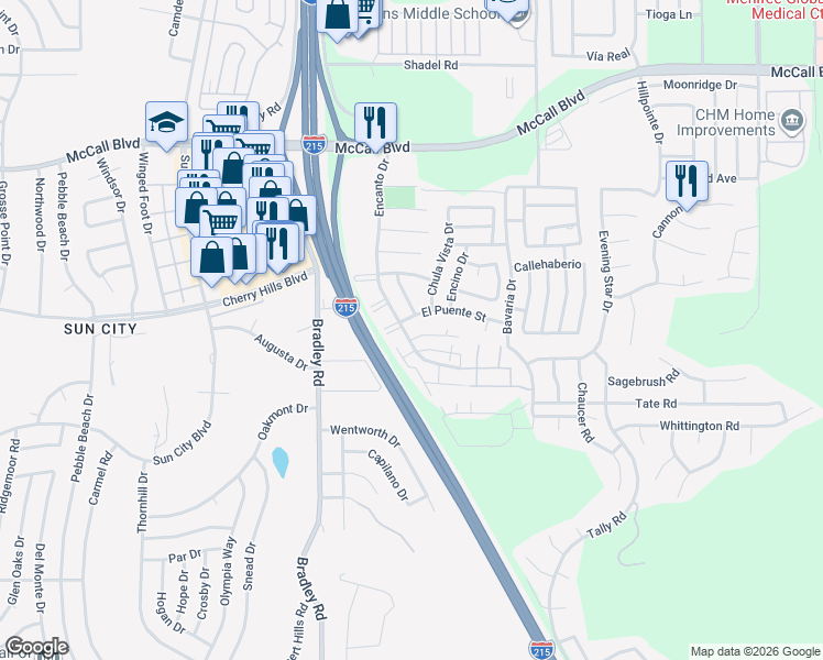 map of restaurants, bars, coffee shops, grocery stores, and more near 28334 Encanto Drive in Menifee