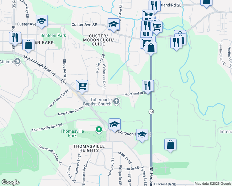 map of restaurants, bars, coffee shops, grocery stores, and more near 1636 Hazelrig Drive Southeast in Atlanta