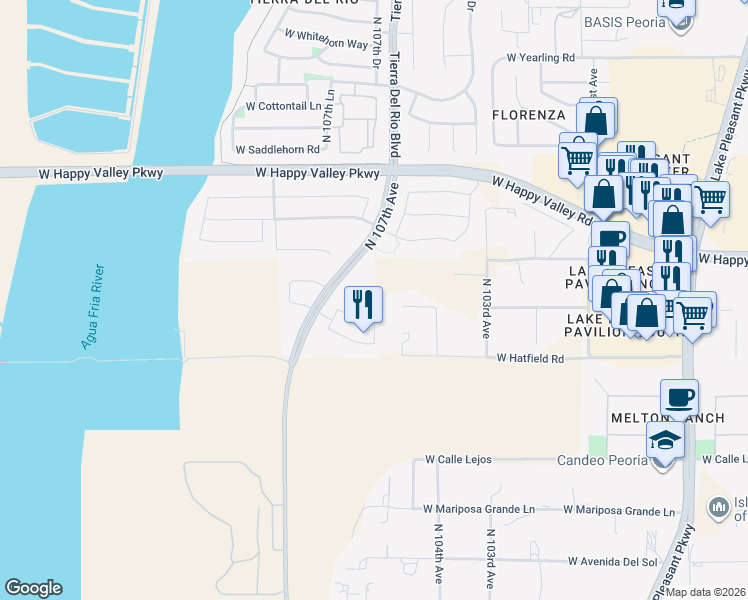 map of restaurants, bars, coffee shops, grocery stores, and more near 24815 North 106th Drive in Peoria