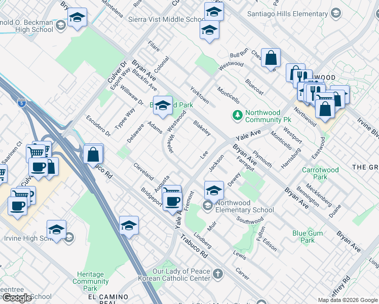 map of restaurants, bars, coffee shops, grocery stores, and more near 19 Davis in Irvine