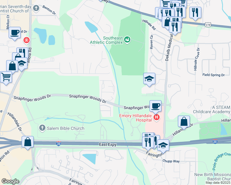 map of restaurants, bars, coffee shops, grocery stores, and more near 2526 Keystone Grove in Lithonia