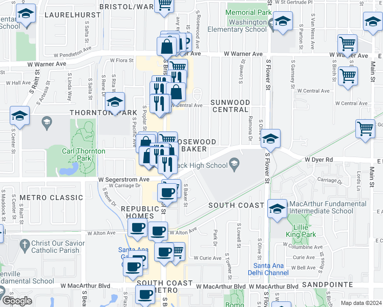 map of restaurants, bars, coffee shops, grocery stores, and more near 2717 South Baker Street in Santa Ana