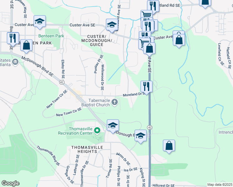 map of restaurants, bars, coffee shops, grocery stores, and more near 1636 Hazelrig Drive Southeast in Atlanta