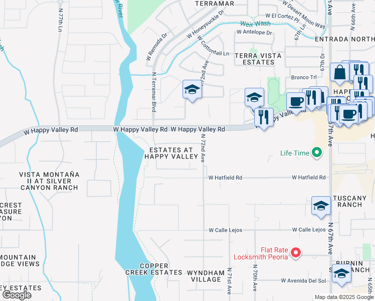 map of restaurants, bars, coffee shops, grocery stores, and more near 7227 West Fallen Leaf Lane in Peoria