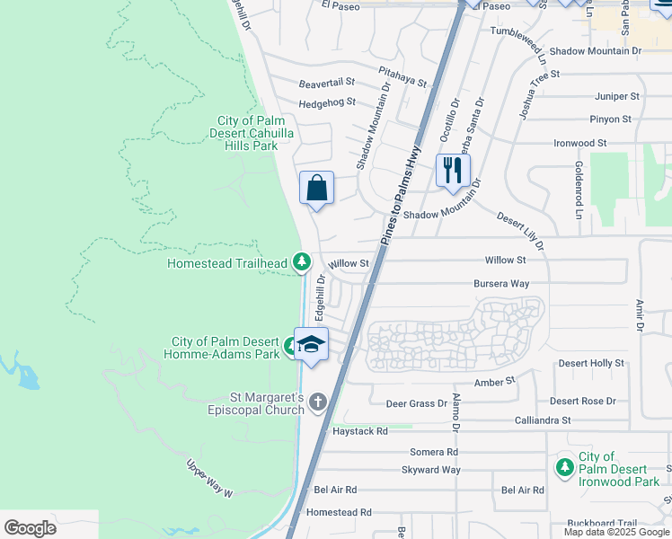 map of restaurants, bars, coffee shops, grocery stores, and more near 72664 Willow Street in Palm Desert