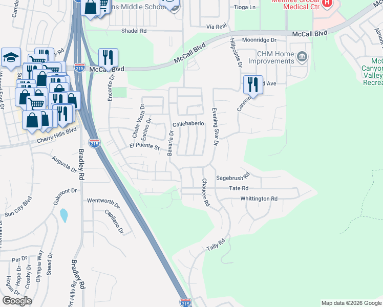 map of restaurants, bars, coffee shops, grocery stores, and more near 28355 Vía Cascadita in Menifee