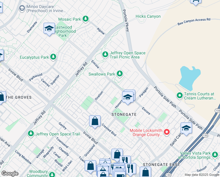 map of restaurants, bars, coffee shops, grocery stores, and more near 139 Beechmont in Irvine