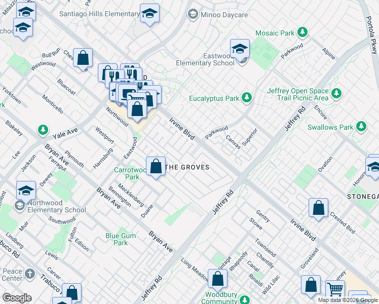 map of restaurants, bars, coffee shops, grocery stores, and more near 5200 Irvine Boulevard in Irvine