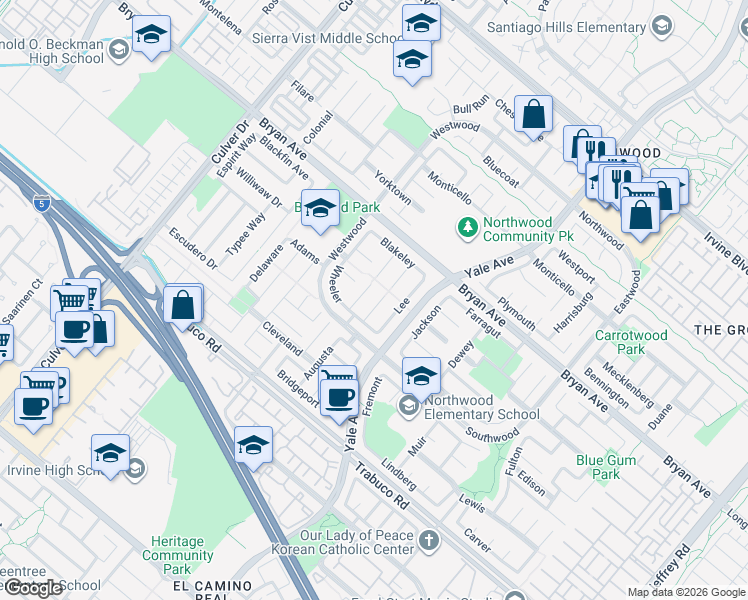 map of restaurants, bars, coffee shops, grocery stores, and more near 19 Davis in Irvine