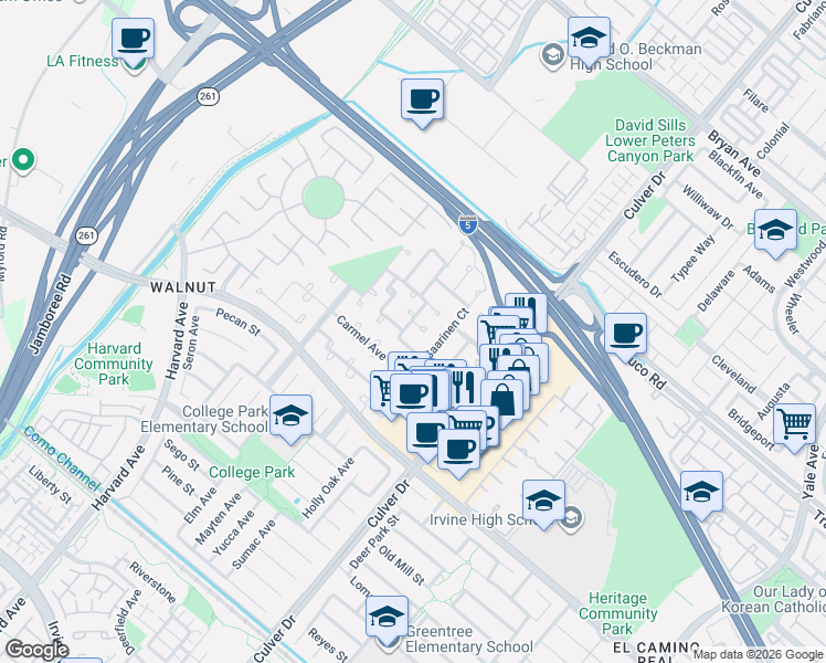 map of restaurants, bars, coffee shops, grocery stores, and more near 14242 Utrillo Drive in Irvine