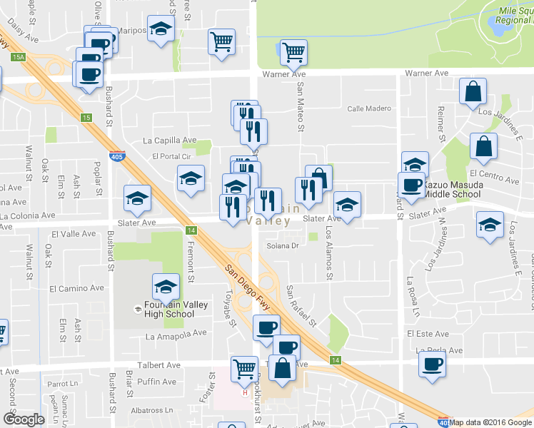 map of restaurants, bars, coffee shops, grocery stores, and more near  in Fountain Valley