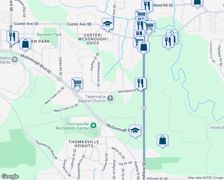 map of restaurants, bars, coffee shops, grocery stores, and more near 1636 Hazelrig Drive Southeast in Atlanta