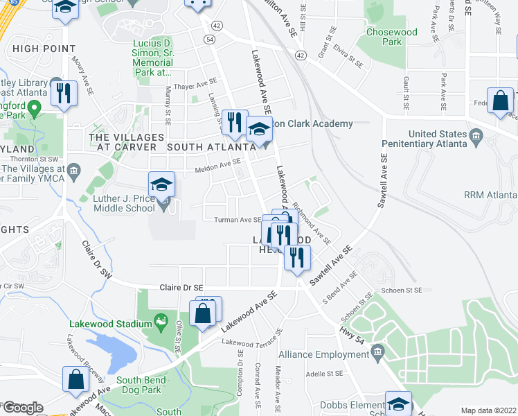 map of restaurants, bars, coffee shops, grocery stores, and more near 1584 Jonesboro Road Southeast in Atlanta