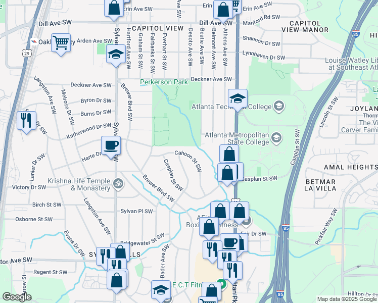 map of restaurants, bars, coffee shops, grocery stores, and more near 1734 Cahoon Street Southwest in Atlanta
