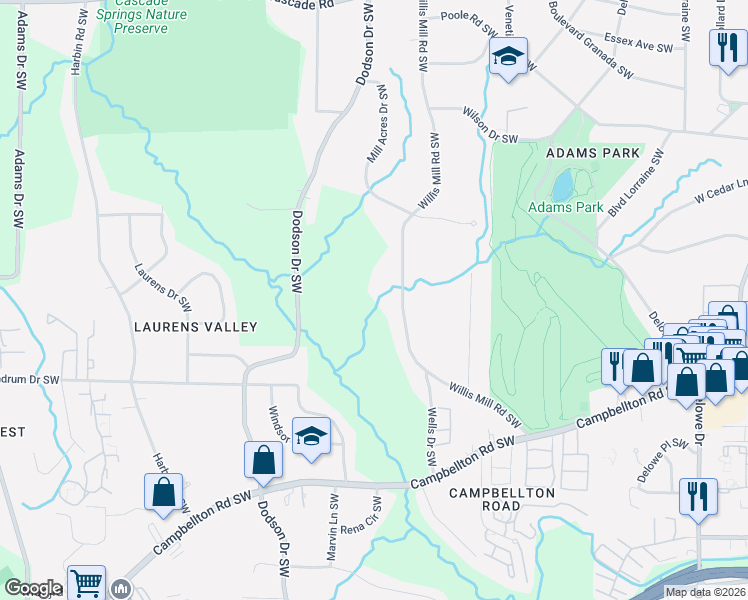 map of restaurants, bars, coffee shops, grocery stores, and more near 1685 Willis Mill Road Southwest in Atlanta