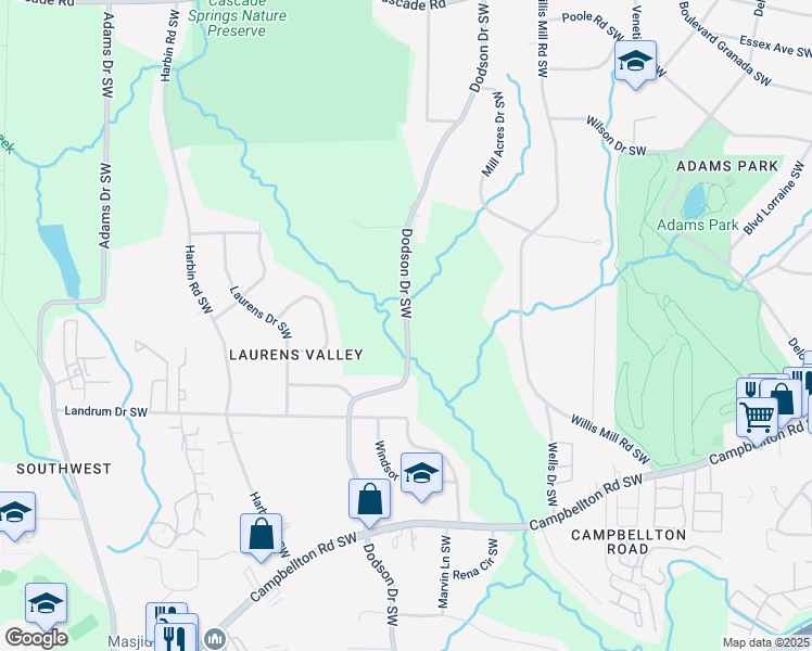 map of restaurants, bars, coffee shops, grocery stores, and more near Dodson Drive in Atlanta