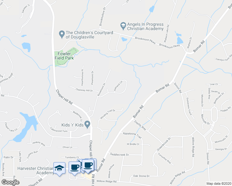 map of restaurants, bars, coffee shops, grocery stores, and more near 3035 Ashland Circle in Douglasville